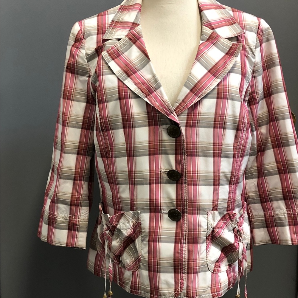 Vtg Y2K Lightweight, lined, pink/gray plaid Jacket, Sz 10. Shorter style.